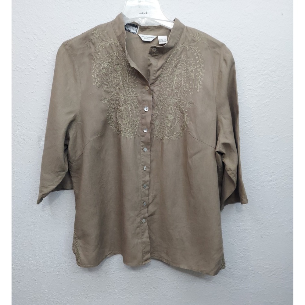 Richard Malcolm Irish Linen Shirt Womens 3X Brown Button Up Embroidered 3/4 Slv